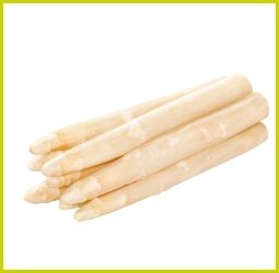 Mehrere geschälte weiße Spargelstangen nebeneinander auf weißem Hintergrund platziert